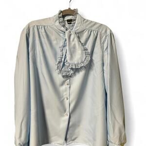 XL vintage 80s light blue blouse with unique collar tie attached
